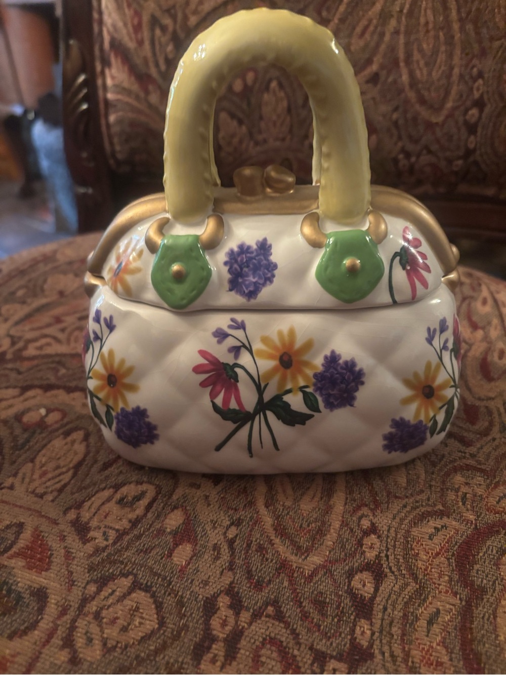 Vintage ceramic David’s Cookie Jar shaped in a purse with beautiful floral color